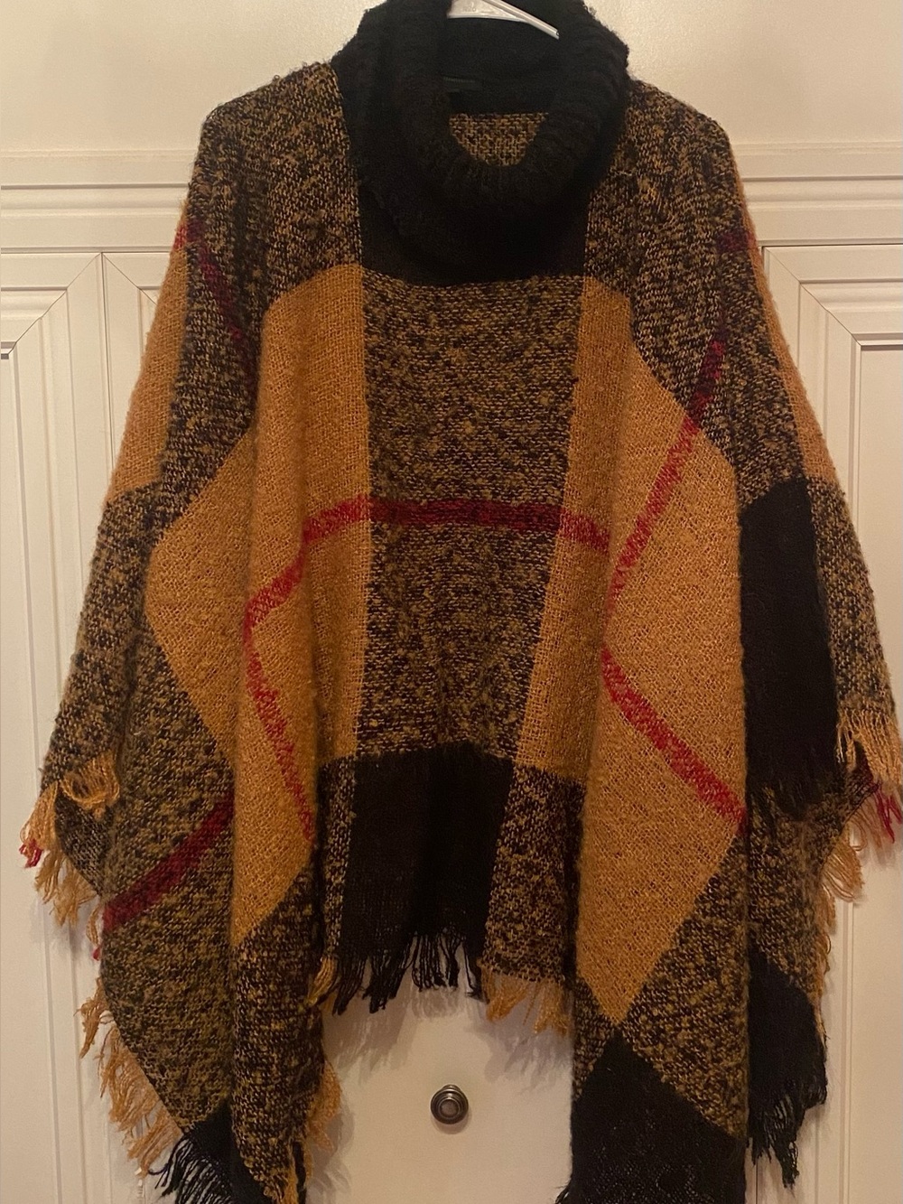 Steven By Steve Madden Mustard Plaid Poncho with Black and Red Accents